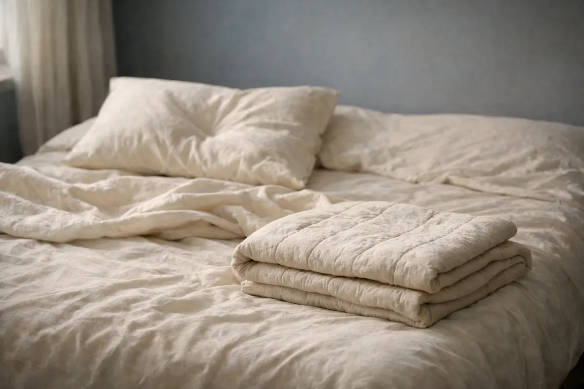 An unmade bed in soft morning light