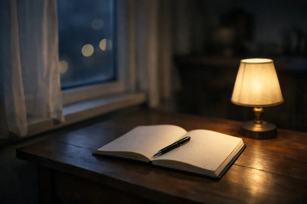 A wooden desk at night with an open notebook beside a window