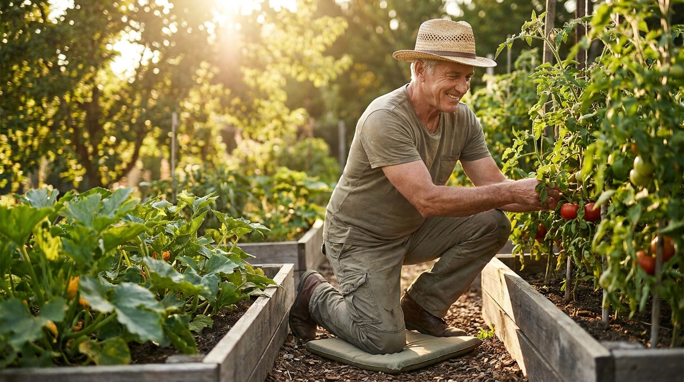 Active older man kneeling comfortably in a garden